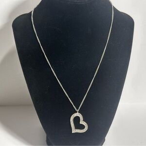 Asymmetrical Open Rhinestone Heart Pendant Necklace Silver Tone Romantic Sweet